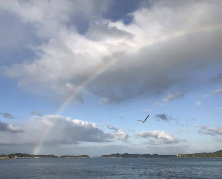虹がかかる牡蠣産地・日生の海